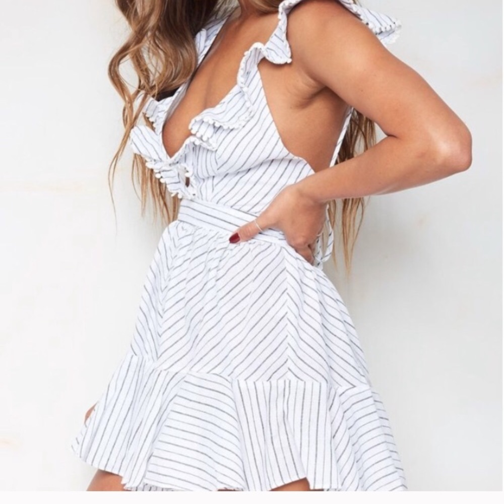White and Grey Striped Ruffle Romper